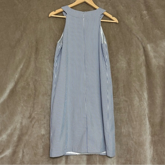 London Times Seersucker Racerback Sundress Blue White Stripes Crochet Size 10 - Picture 3 of 12
